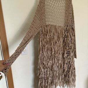 JOANNA HOPE Boho festival Tan Fringe Open Front Knit Cardigan Size 8
